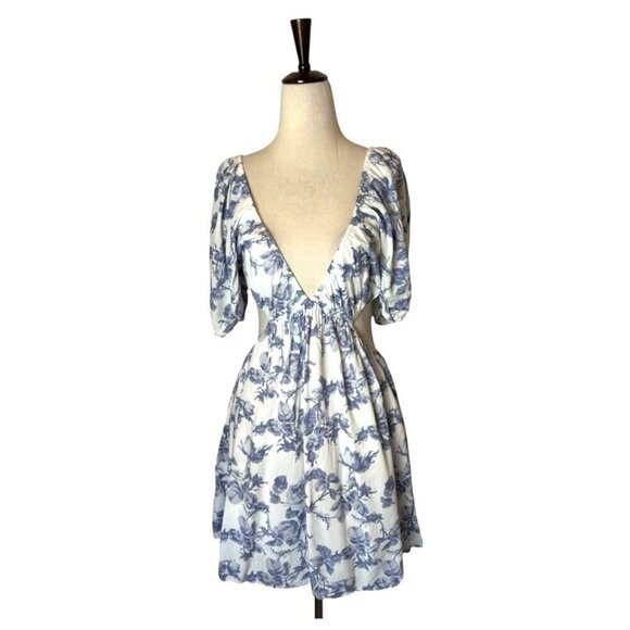Bardot Dress Women Large Blue White Floral Print Cut Out Eden Mini Cottagecore - Picture 2 of 12